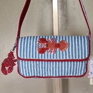 Made In India Viral Blue And White Beaded Striped Red Lobster Bag Purse